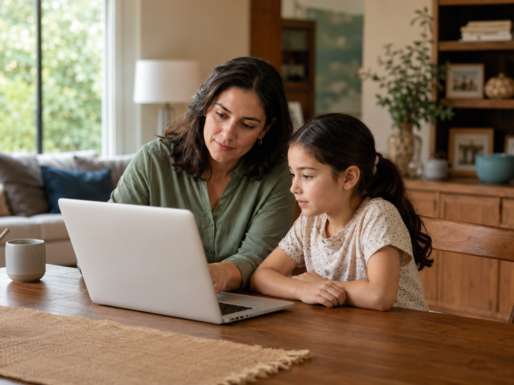 Parent and child using a laptop together in a warm home