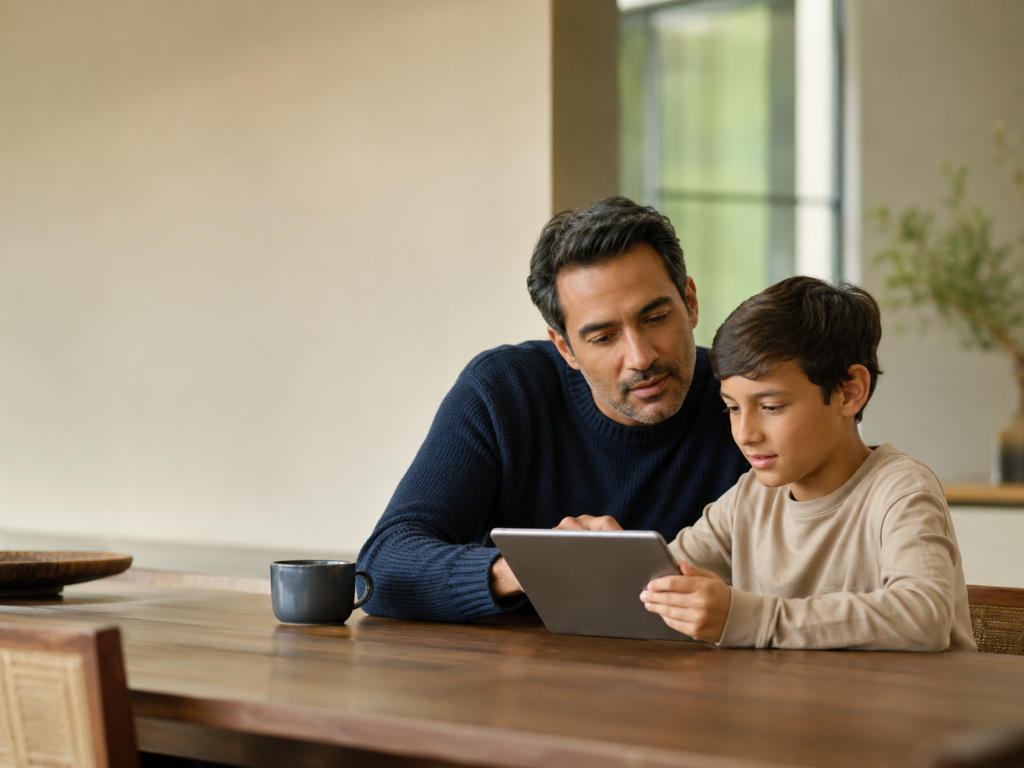 Father helping a child use a tablet at home