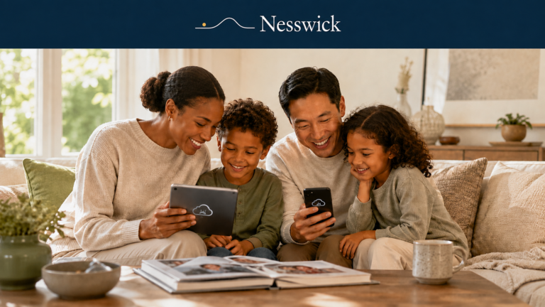 Family reviewing photos stored securely across cloud devices