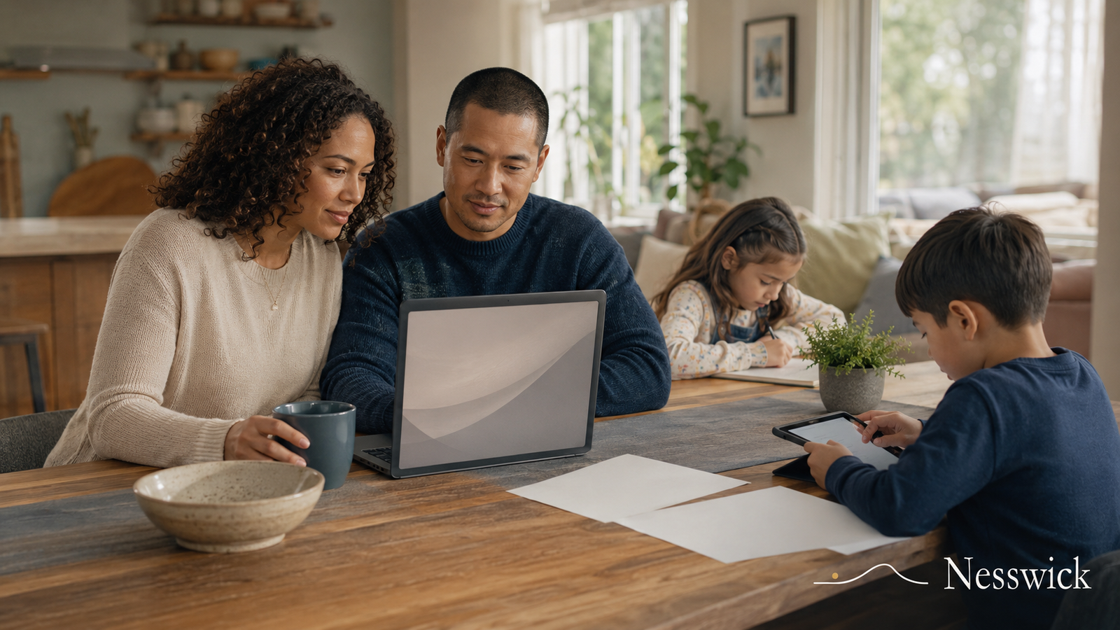 Parents and two children sitting together at a kitchen table looking at a laptop while researching data-removal services