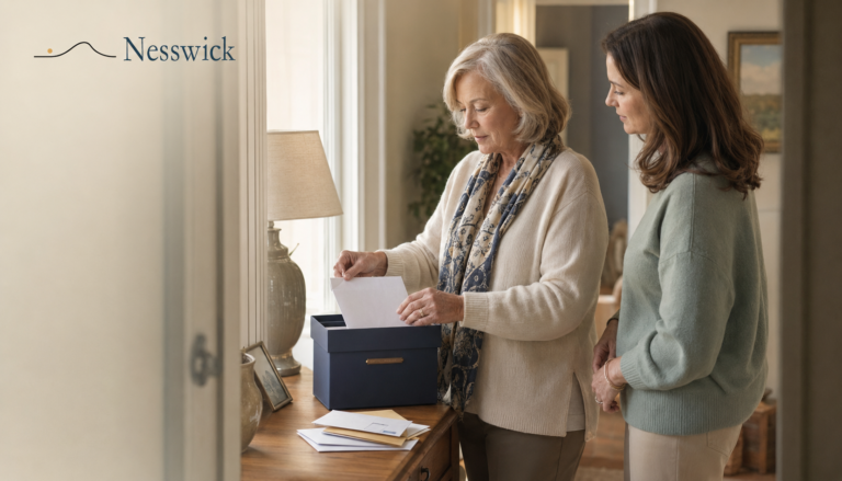 An older woman sorts mail into a document box at home while her adult daughter looks on beside her.