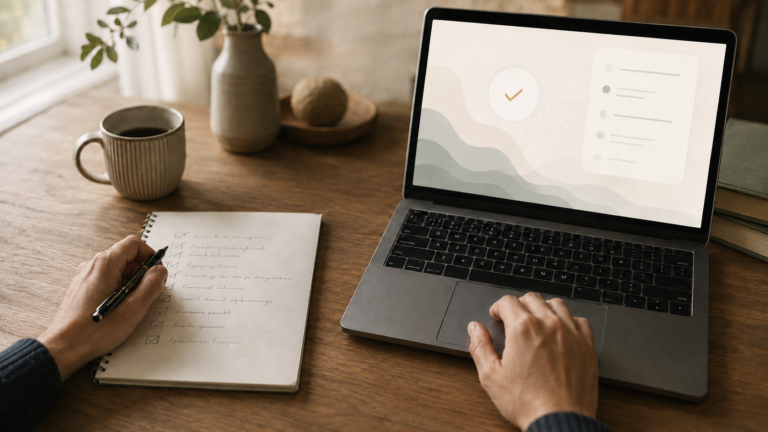 A person comparing a handwritten data-removal checklist with an online removal service on a laptop.