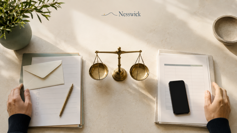 Brass balance scale on a desk between a checklist and envelope on one side and a phone and pricing sheet on the other, with the Nesswick logo above.