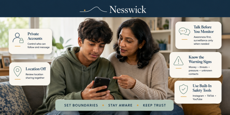 Parent and teenager reviewing social media safety and privacy settings together