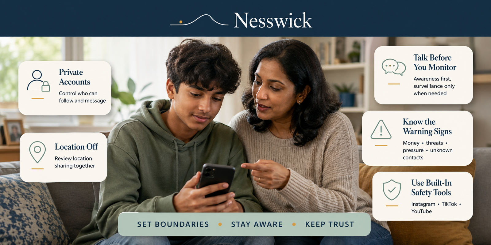 Parent and teenager reviewing social media safety and privacy settings together