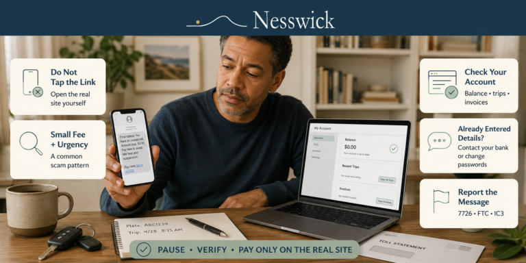 Person verifying an unpaid toll text scam safely on the official site