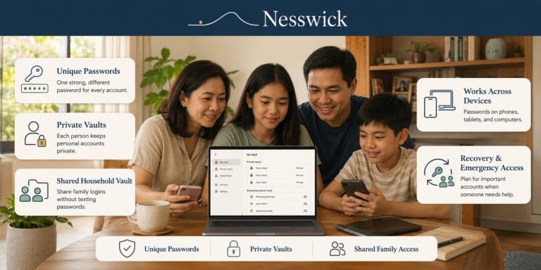 Family using a password manager to organize and share passwords safely