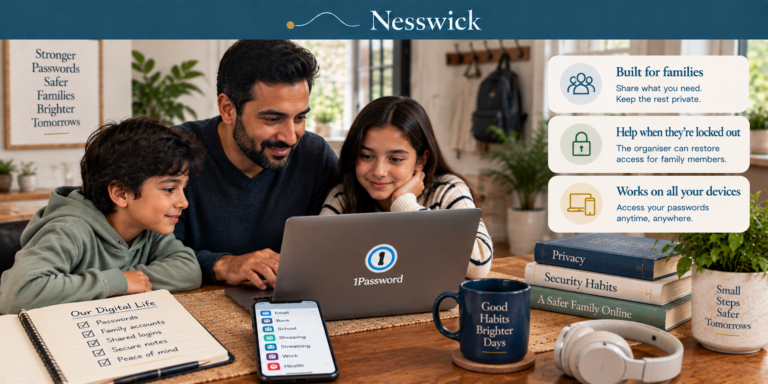 A father and two children look at 1Password on a laptop, with notes about family accounts, shared logins and account recovery