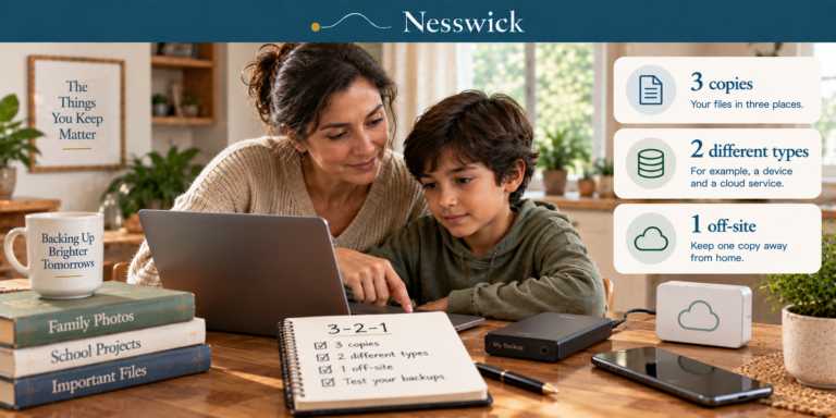 A parent and child at a laptop, with a notebook listing the 3-2-1 backup checklist, an external drive and a cloud backup device on the table