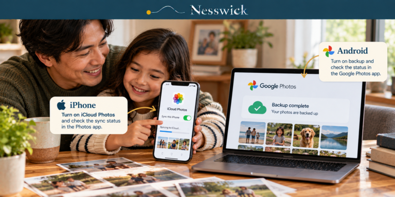 Parent and child checking iCloud Photos sync on an iPhone beside a laptop showing a completed Google Photos backup