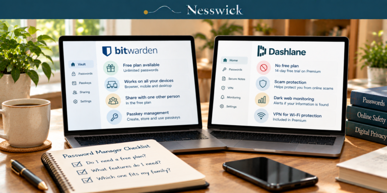 Two laptops showing Bitwarden and Dashlane side by side, with a password manager checklist on the desk