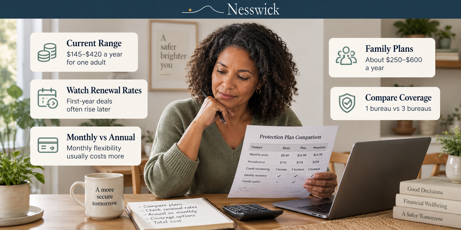 A woman at a kitchen table comparing identity-theft protection plans, holding a printed plan comparison sheet beside a laptop.