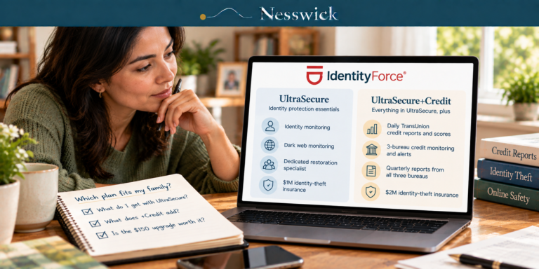 Woman reviewing the differences between IdentityForce UltraSecure and UltraSecure+Credit, including identity protection and three-bureau credit monitoring.