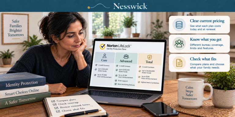Woman comparing LifeLock Core, Advanced and Total plans on a laptop, showing each plan’s credit bureau coverage and reimbursement limits.