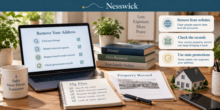 Laptop showing an address removal checklist beside a printed county property record, illustrating the two layers of removing a home address.