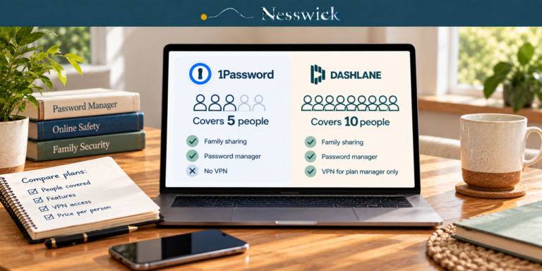 Laptop on a wooden desk comparing 1Password, covering 5 people with no VPN, and Dashlane, covering 10 people with VPN for the plan manager only, beside a compare-plans notebook