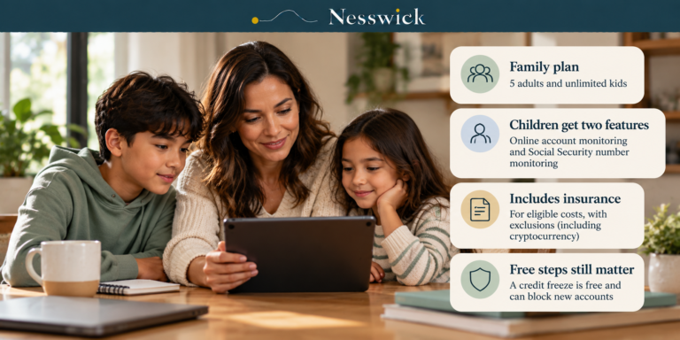Parent and two children looking at a tablet together, beside Nesswick summary cards on Aura's Family plan, child features, insurance and free credit freezes