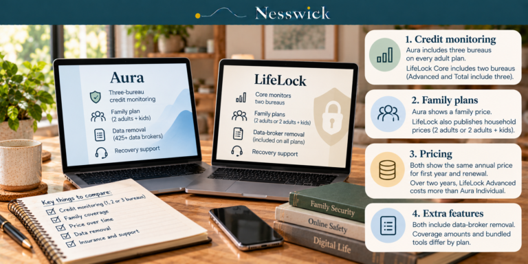 Two laptops on a desk showing Aura and LifeLock plan features, beside Nesswick summary cards comparing credit-bureau monitoring, family plans, pricing and data-broker removal