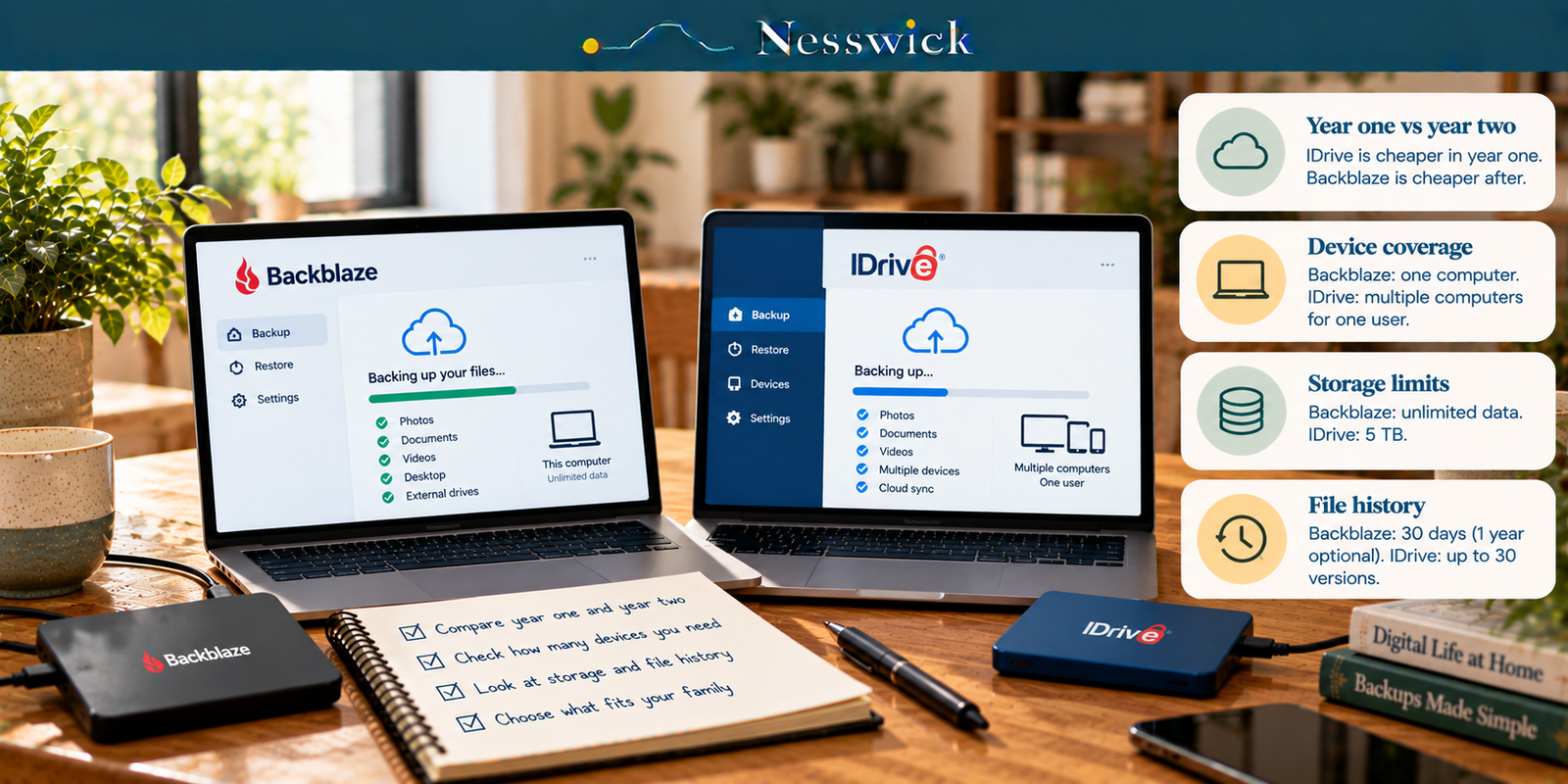 Two laptops running Backblaze and IDrive backups on a desk, beside cards comparing year-one and year-two pricing, device coverage, storage limits and file history