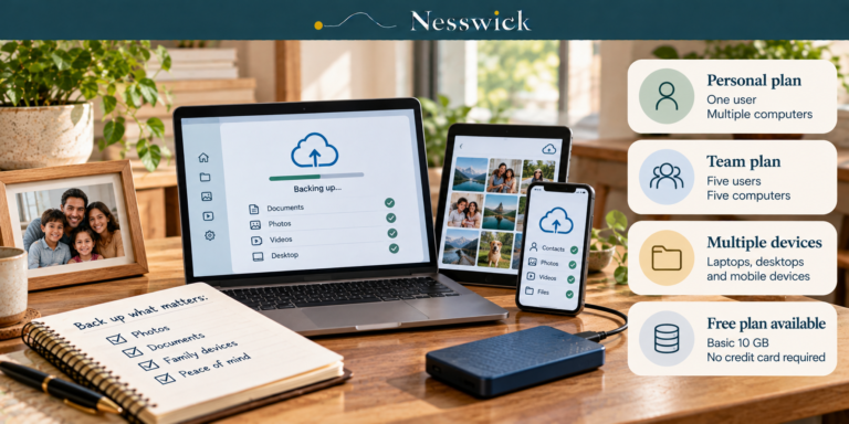 Laptop, tablet and phone backing up family photos and files, beside cards comparing a personal plan, a team plan, multiple devices and a free 10 GB tier