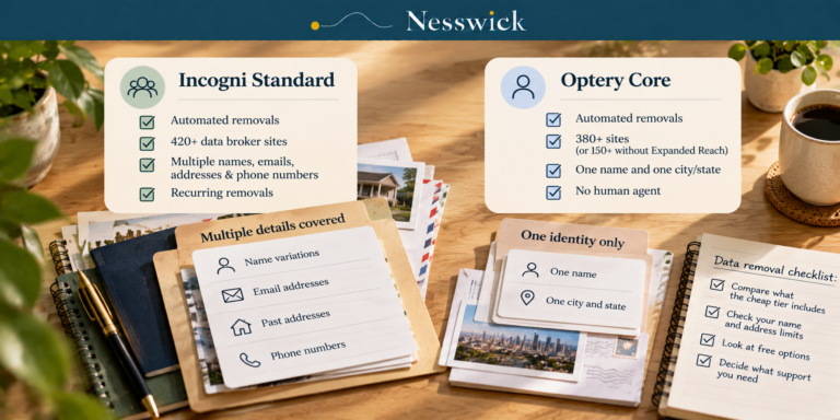Side-by-side cards on a sunlit desk comparing Incogni Standard, which covers multiple names, emails, addresses and phone numbers, with Optery Core, which covers one name and one city and state